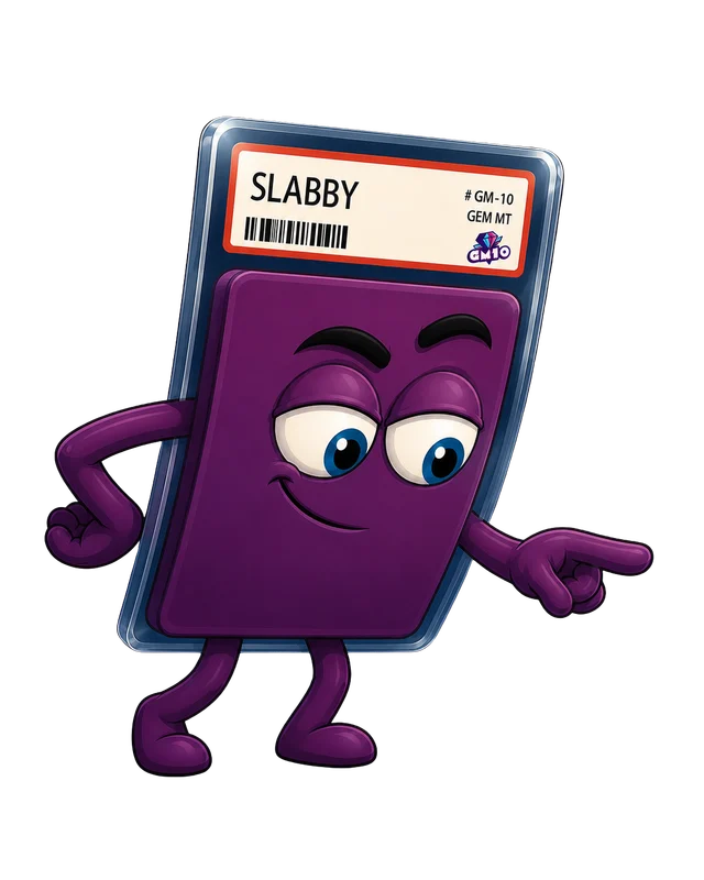 Slabby, GM10’s purple slab mascot, pointing at his latest mischief